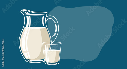 A jug and glass of milk on a blue background, viewed from the side, in a simple illustration style