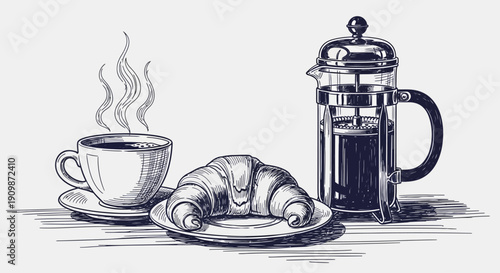A steaming coffee cup and croissant on a saucer with a French press coffee maker on a table