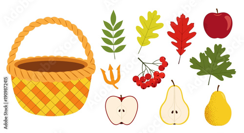 A woven basket surrounded by autumn leaves, fruits, and berries in a vibrant harvest scene from a direct overhead viewpoint.