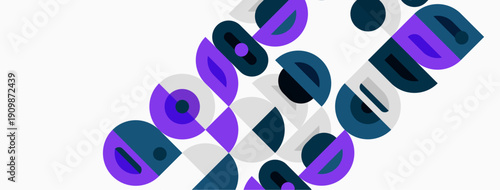 Abstract geometric shapes overlap, creating dynamic visual texture. Purple, teal, gray dominate composition. Minimalist design.