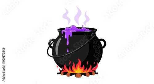 Mystical cauldron bubbling with purple potion over fiery flames in a magical illustration