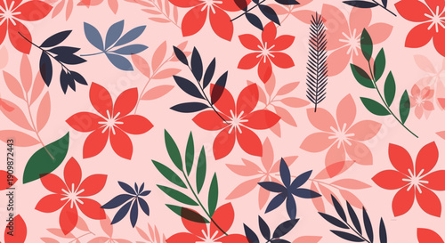 Vibrant floral pattern with pink, red flowers and green leaves on a soft pink background from a top view
