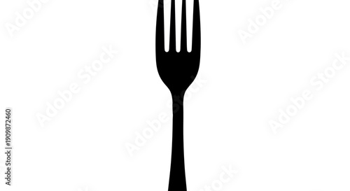 A black fork silhouette standing upright on a flat surface viewed from the side