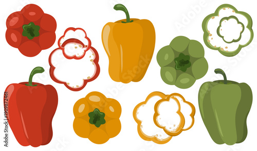 Illustration of red, yellow, and green bell peppers (Capsicum annuum) in whole and sliced forms. 