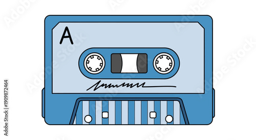 Illustration of a blue cassette tape with signature on label, viewed from the front, showcasing technology and media storage.
