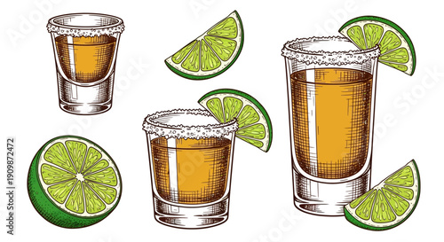 Three glasses of tequila with lime wedges on a white background viewed from directly above