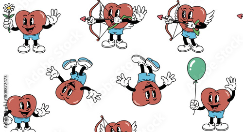 Cartoon hearts with various gestures and accessories depicted in a playful and whimsical illustration