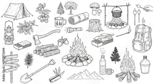Camping Essentials and Outdoor Activities Illustrated in a Detailed Black and White Line Art Style