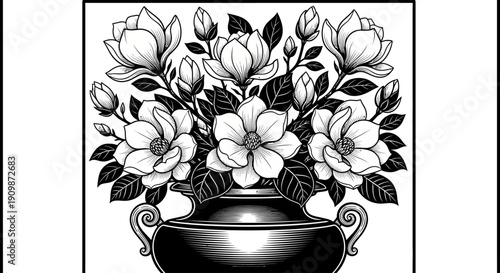 A black and white illustration of a vase with flowers and leaves, viewed from the front