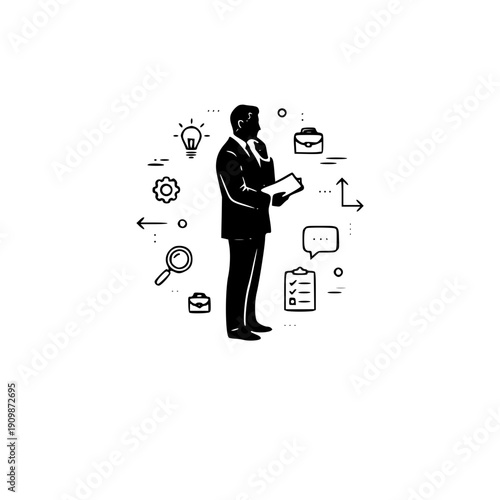 Minimalist Businessman Silhouette Icon with Corporate Strategy and Planning Symbols