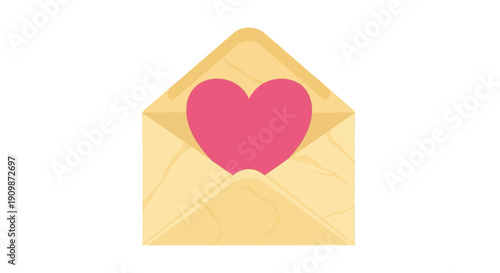 An open envelope with a heart inside, symbolizing love and affection, viewed from directly above