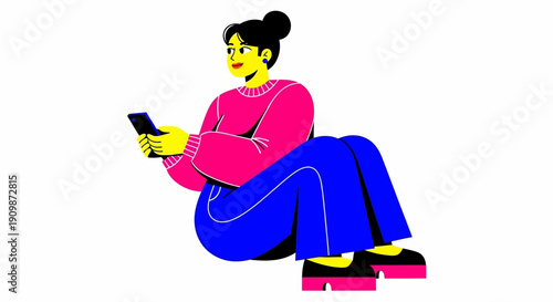 Woman sitting comfortably while using smartphone in a relaxed environment from a side viewpoint