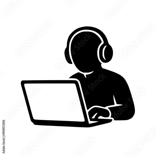Person Wearing Headphones Working on Laptop Icon Silhouette