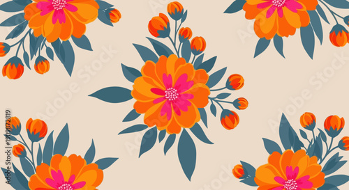 Vibrant floral pattern featuring orange flowers and green leaves on a seamless background viewed from above
