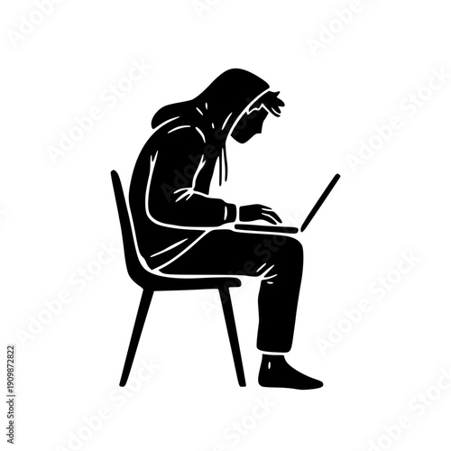 black and white hoodie laptop user silhouette remote work coding hacker style vector illustration