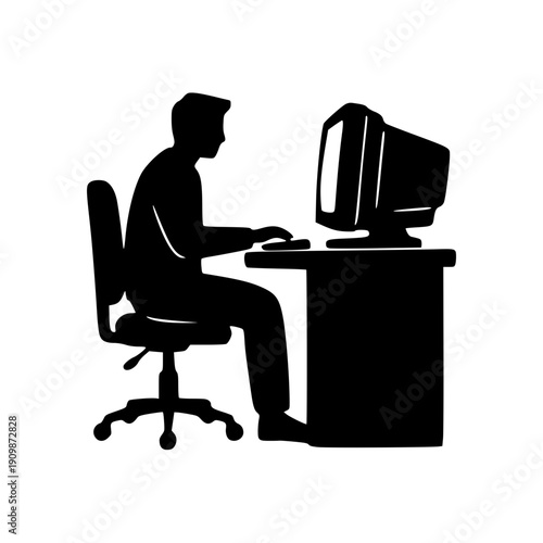 black and white computer user silhouette working at desk office workstation vector illustration