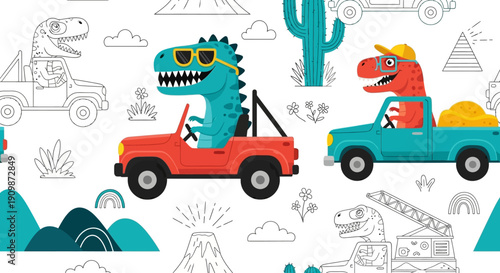 Dinosaurs driving vehicles in a desert landscape, an illustration of fun and adventure from a straightforward viewpoint