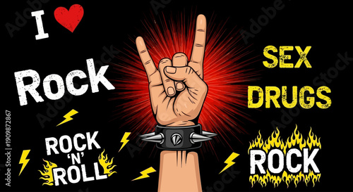 A hand signifying rock gesture surrounded by themes of rock music and rebellion