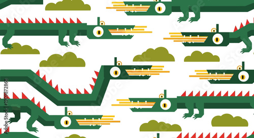 Cartoon alligators and boats pattern, seamless design, vibrant illustrations, playful theme, repeating elements, vector artwork, white space, graphic texture