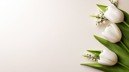 White tulips offer a clean, elegant border for feminine themes, spring holidays, or as a serene background for various design projects..Flat lay, top view. Copy space. Mock up.