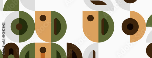 Abstract geometric pattern. Circles, semicircles, shapes repeat. Earthy tones dominate design, creating retro aesthetic. Minimalist style.