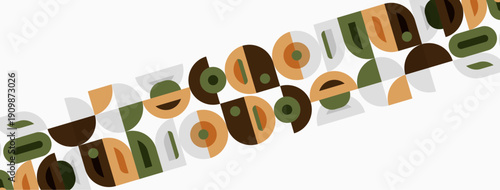 Abstract geometric shapes form alphabet letters. Brown, olive, beige colors dominate design. Minimalist aesthetic, repeating pattern visible.