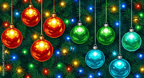 Vibrant Christmas ornaments hanging from a decorated tree with colorful lights shining brightly in a festive holiday scene