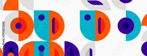 Abstract pattern features overlapping circles, squares, vibrant colors. Modern design creates playful, geometric texture.