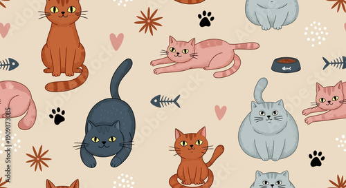 Playful cartoon cats and fish pattern on a seamless background from a top-down viewpoint