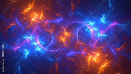 Vibrant abstract energy swirls in a cosmic dance of blue, orange, and purple hues, capturing the dynamic movement and fluidity of the scene from a frontal viewpoint