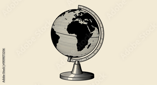 A silver globe on a stand showcasing the world's geography from a side view