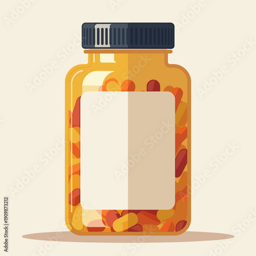 showing medicine bottle with colorful capsules and blank label