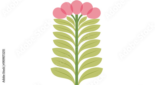 Illustration of a blooming flower with pink petals and green leaves on a simple white background from a front viewpoint
