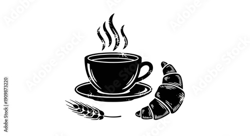 Steaming coffee cup and croissant illustration on a clean background from a straightforward viewpoint