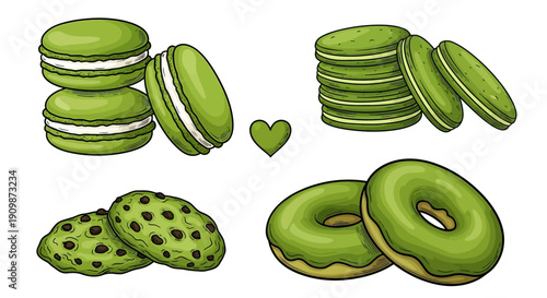 Assorted green desserts including macarons and donuts arranged artfully on a clean white background from a top-down viewpoint