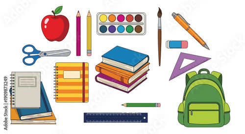 Assorted school supplies including books, pencils, scissors, and an apple arranged neatly on a flat surface