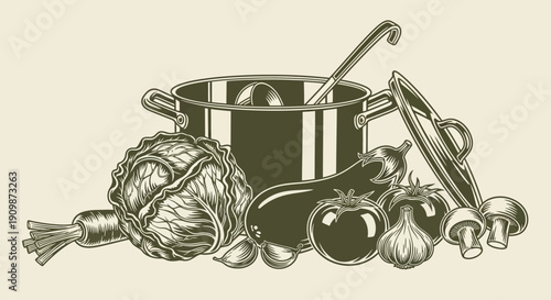 An artistic illustration of a cooking pot surrounded by various fresh vegetables and utensils on a neutral background from a straightforward viewpoint