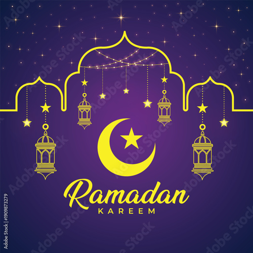 Ramadan Kareem Greeting with Lanterns and Moon