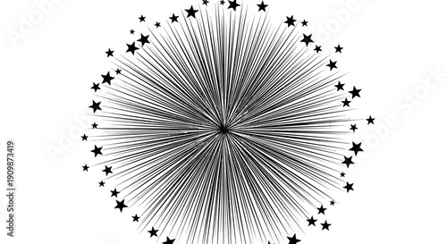 A starry night sky with a radiant burst of stars and fireworks-like pattern in the center