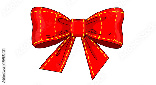 A red plaid bow with yellow stitching is centered on a blank background from a straightforward viewpoint