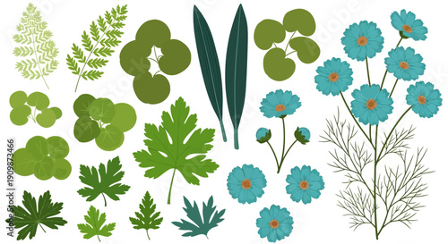 Collection of green leaves and blue flowers arranged together in a studio setting from a direct viewpoint