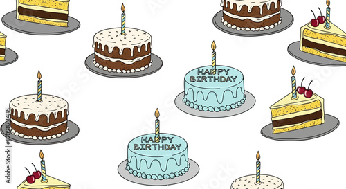 An illustration pattern featuring assorted birthday cakes with candles on round plates against a plain background from a top-down view
