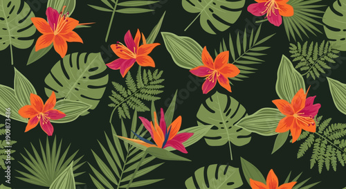 Tropical leaves and flowers pattern viewed from directly above in a lush environment