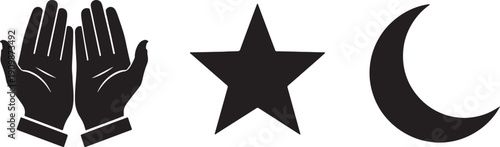 Black vector icons of praying hands, star, and crescent moon, isolated on transparent background, png