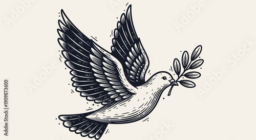 A dove flying with an olive branch in its beak, a symbol of peace, illustrated in a simple black and white drawing from a side view.