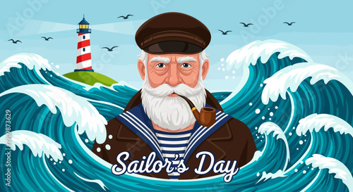 A cartoon sailor stands proudly in turbulent ocean waves with a lighthouse in the background on a serene day