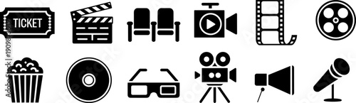 Black Cinema Icon Vector Set Featuring Movie Ticket Clapperboard Theater Seats Camera Film Strip Popcorn And 3D Glasses Isolated on White for Entertainment Industry Graphics