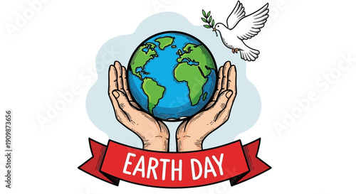 Hands holding the Earth with a dove flying above, symbolizing peace and conservation on Earth Day