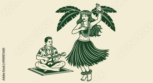 Hula Dancer Performing with Musician under Palm Leaves in Tropical Setting, Illustration