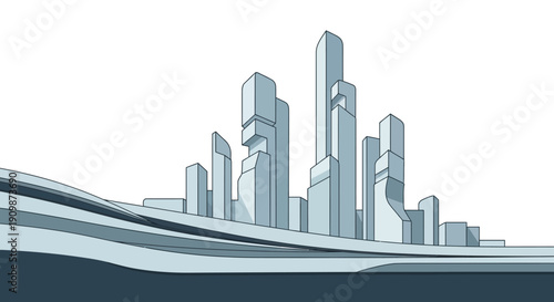 Modern cityscape with sleek skyscrapers and abstract landscape.